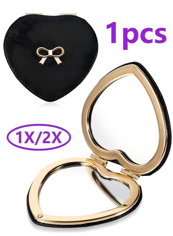 Compact Mirror, Heart Shaped Pocket Mirror Mini Portable Folding Mirror Small Double-Sided 1X/2X Magnifying Mirror Black Travel Makeup Mirror for Women Girls - Image 1